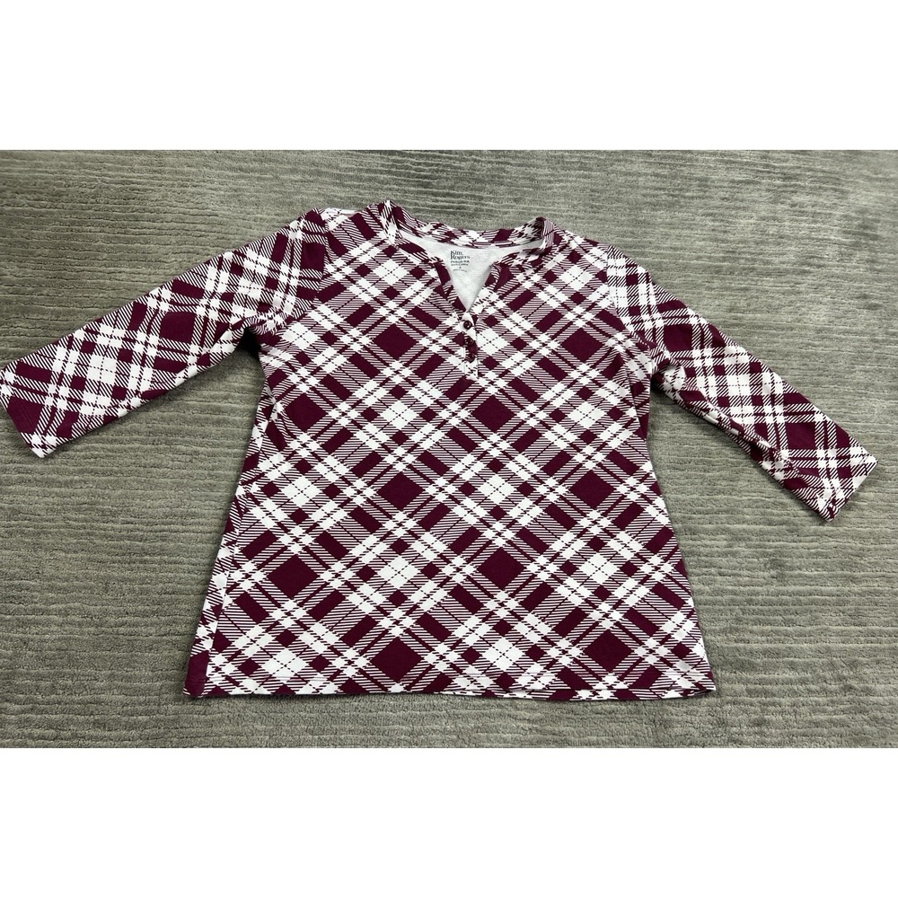 Kim Rogers Henley Top Womens S Burgundy White Plaid 3/4 Sleeve Perfectly Soft